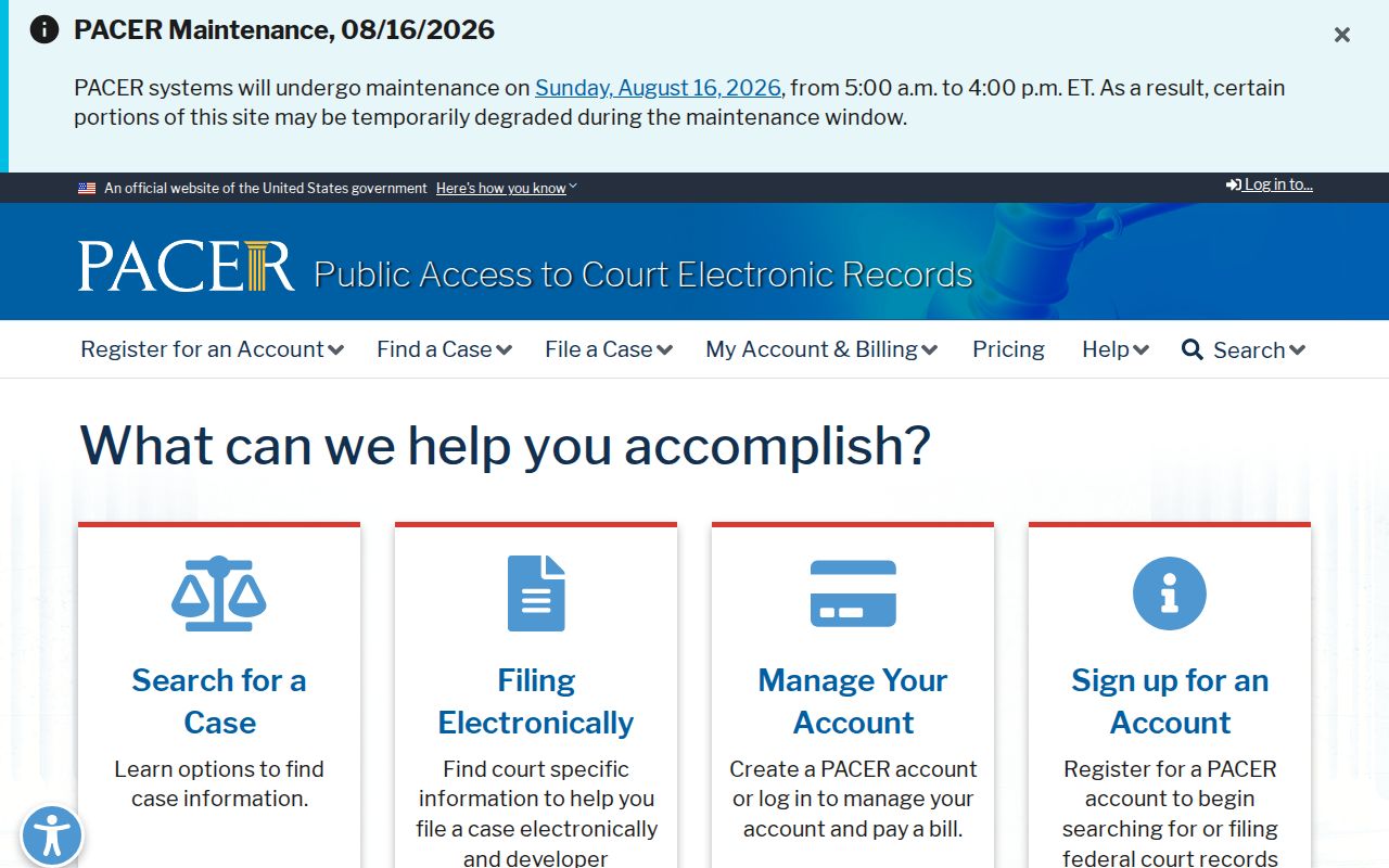 Washington County court record search through the federal PACER gateway