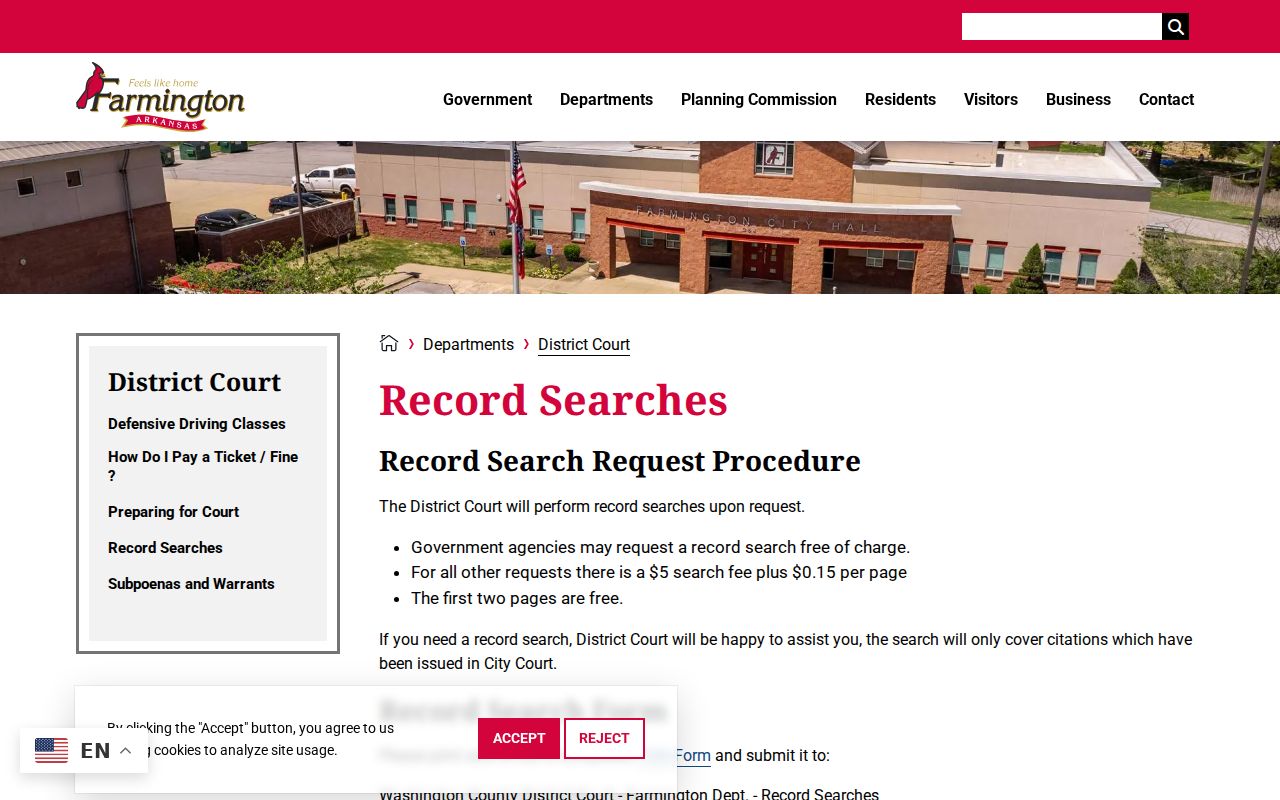 Farmington District Court record-search fees and request instructions