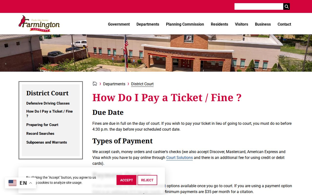 Farmington ticket payment deadline and accepted methods