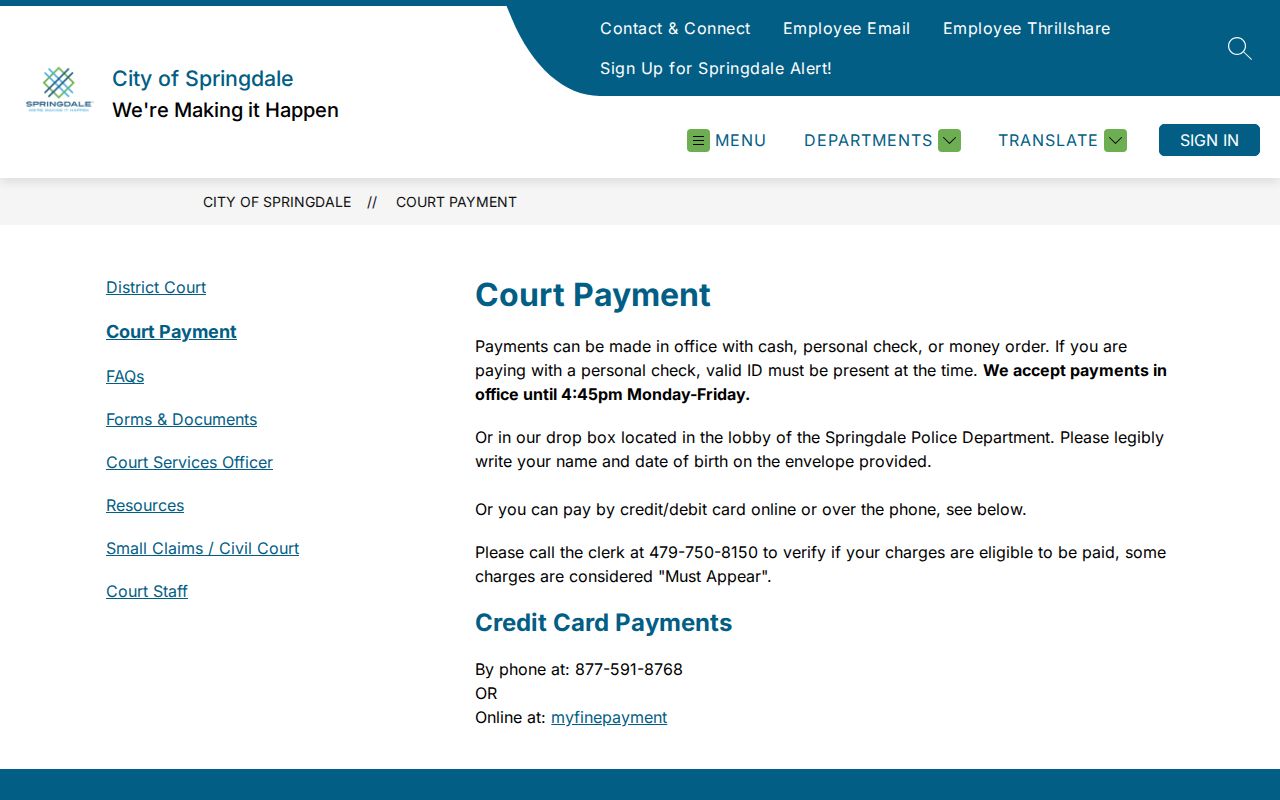 Springdale traffic ticket payment page beside the court docket search